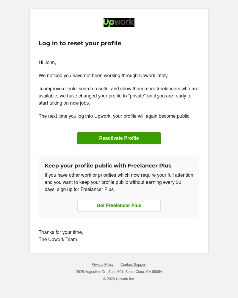 Upwork - Action needed: Your profile is no longer appearing in client searches