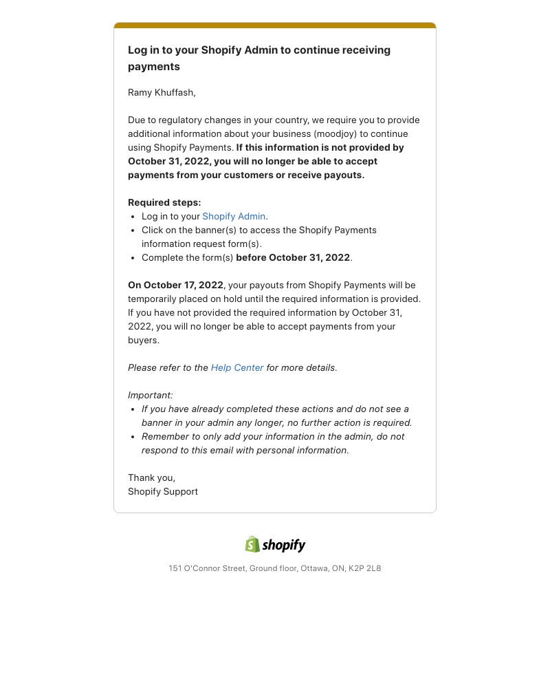 Shopify - [Action Required] Important information required for your Shopify Payments Account with moodjoy