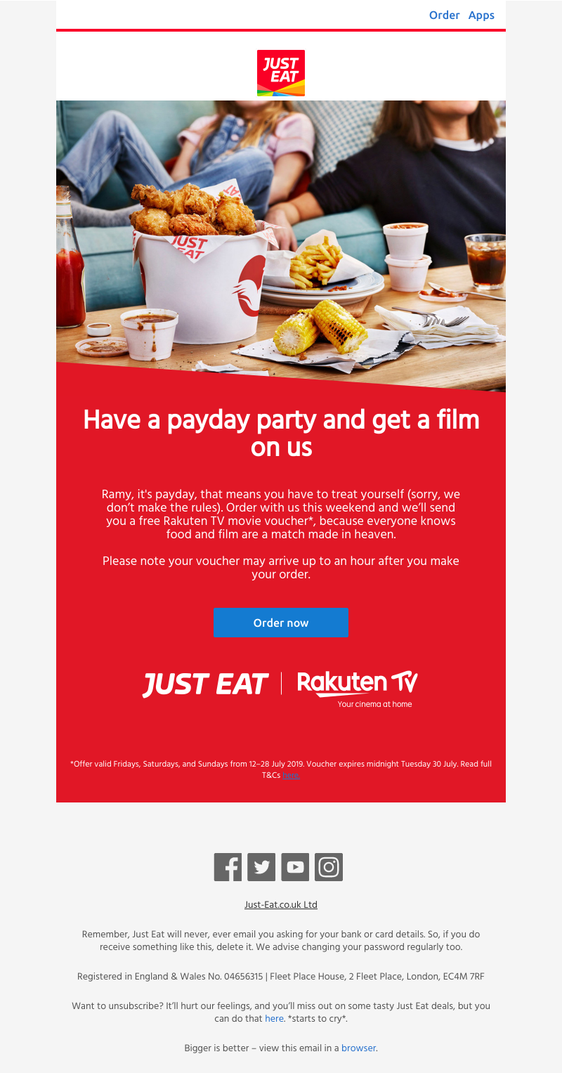 Just Eat - Ramy, get a payday treat with a free Rakuten TV voucher