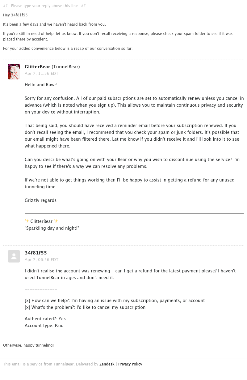  - We haven't heard you roar - Ticket 219283 - [TB] I didn't realise the account was renewing -