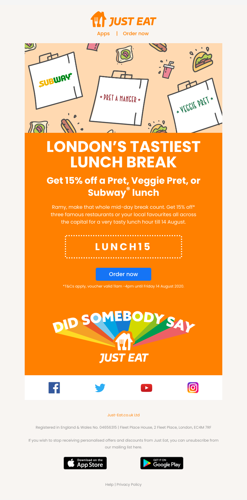 Just Eat - Get 15% off lunch from Pret, Subway®, Veggie Pret, and more 