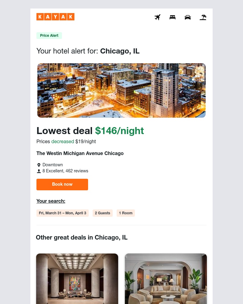 Kayak - Alert: Chicago, IL hotel prices down by 13%!