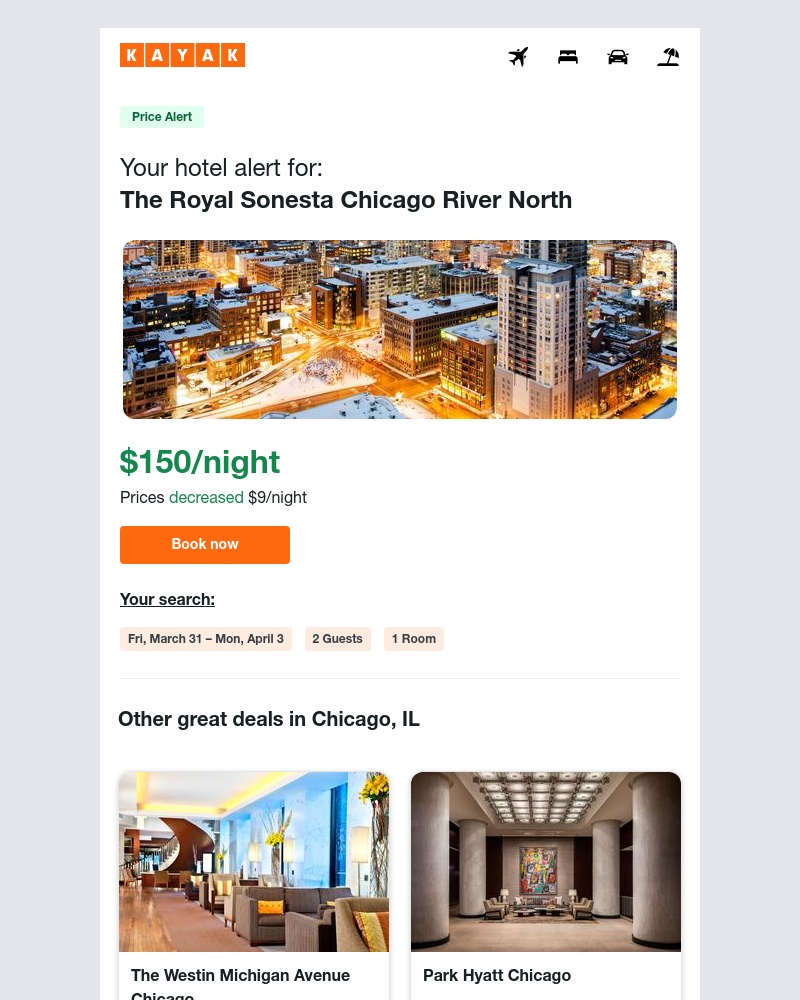 Kayak - Alert: Chicago, IL hotel prices down by 7%!