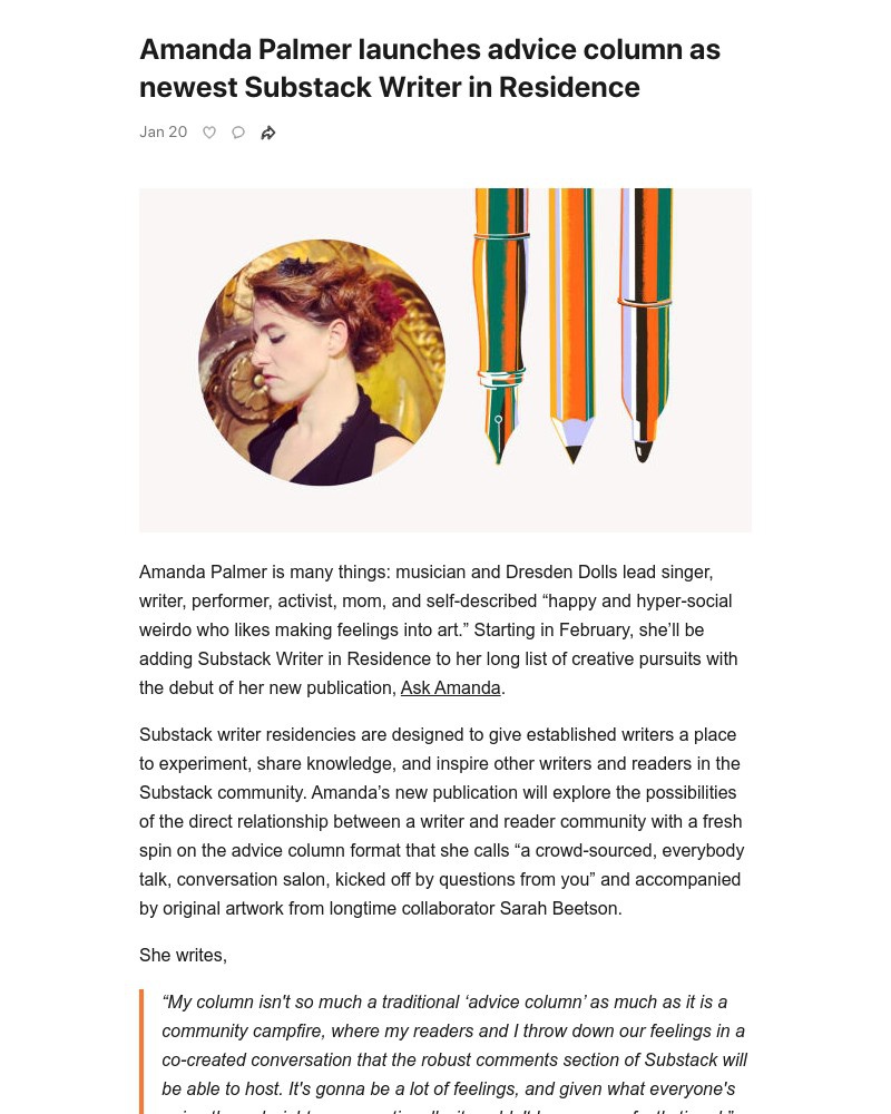 Substack - Amanda Palmer launches advice column as newest Substack Writer in Residence