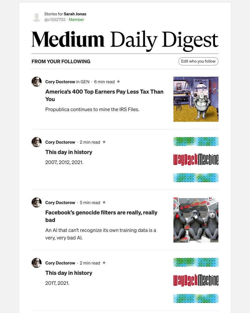 Medium - America’s 400 Top Earners Pay Less Tax Than You | Cory Doctorow in GEN
