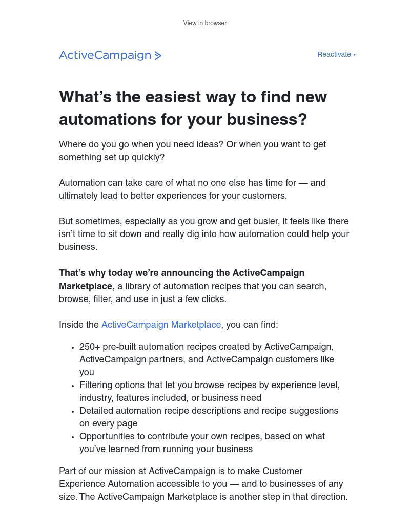  - [Announced today] Pre-built automation recipes in the ActiveCampaign Marketplace