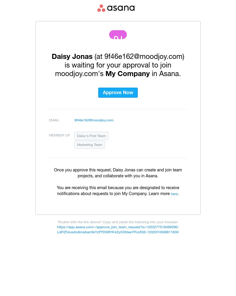 Asana - Approval needed: Accept request for Daisy Jonas to join My Company in Asana