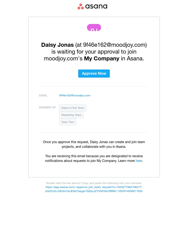Asana - Approval needed: Accept request for Daisy Jonas to join My Company in Asana