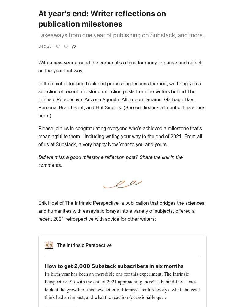 Substack - At year's end: Writer reflections on publication milestones