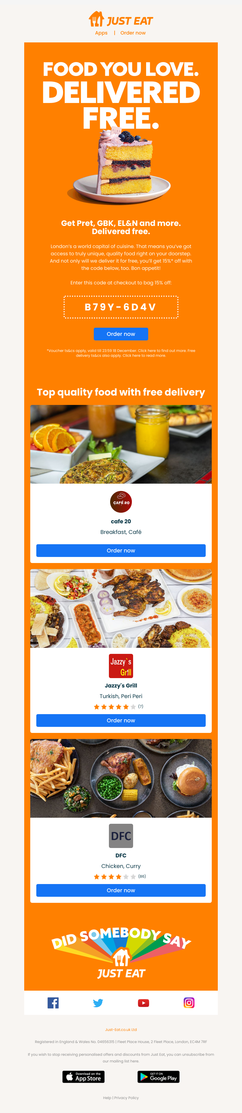 Just Eat - Free delivery and 15% off foodie faves 💸