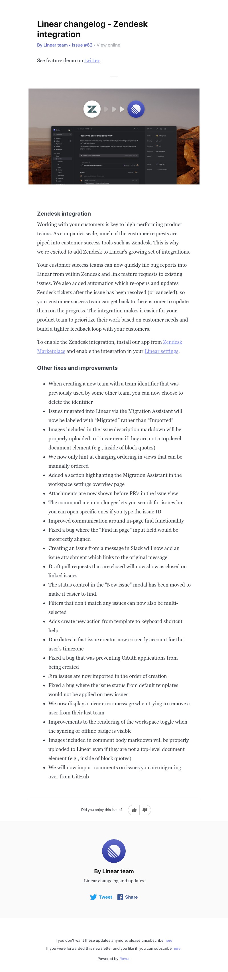 Linear - Linear changelog - Zendesk integration