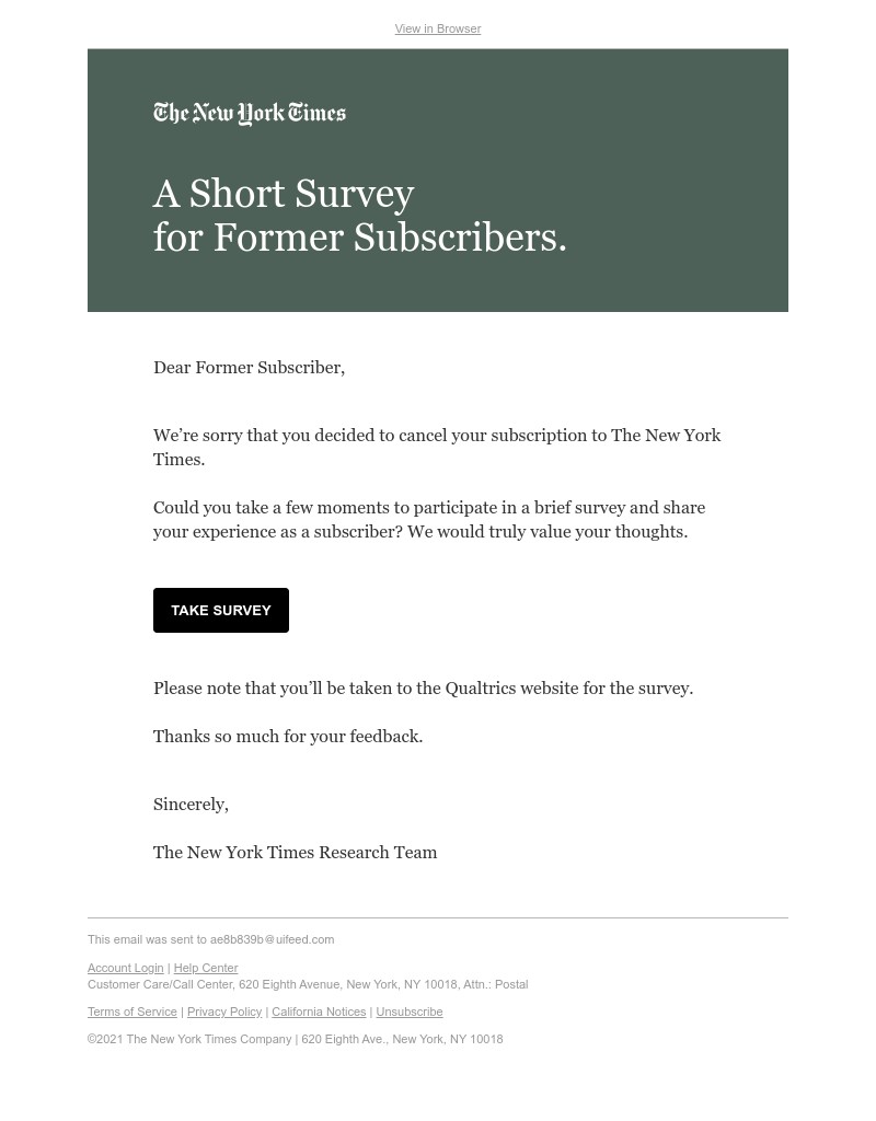 The New York Times - A short survey for former subscribers.