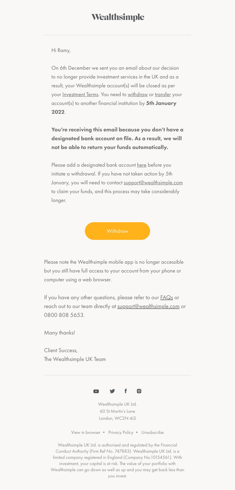 Wealthsimple - Action required on your Wealthsimple Account