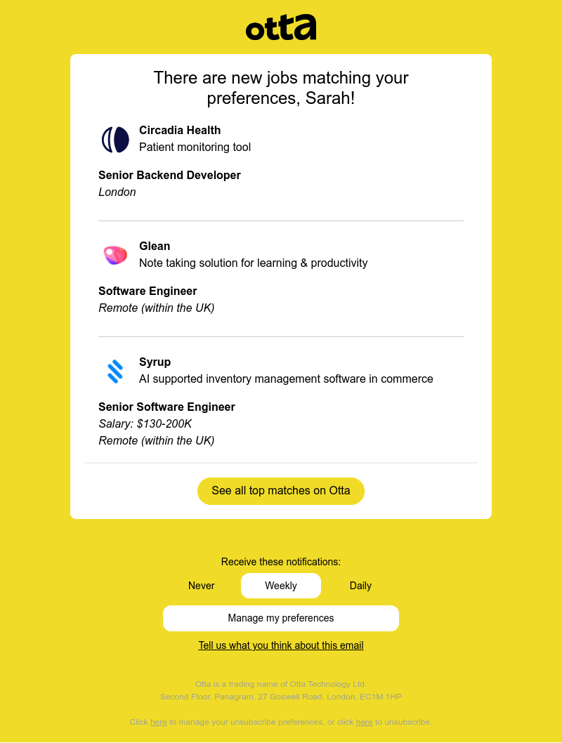Otta - New match: Senior Backend Developer at Circadia Health