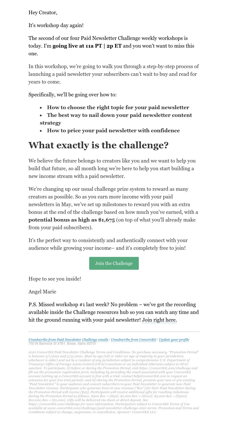 ConvertKit - Workshop #2 today - 5 steps to starting your paid newsletter [Paid Newsletter Challenge]