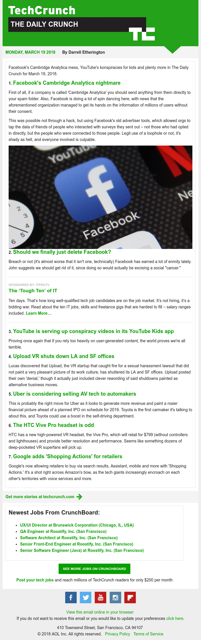  - Facebook faces a privacy fiasco. It's The Daily Crunch.