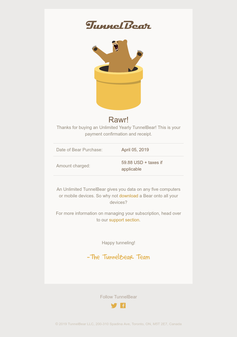  - Thanks for buying a TunnelBear subscription!
