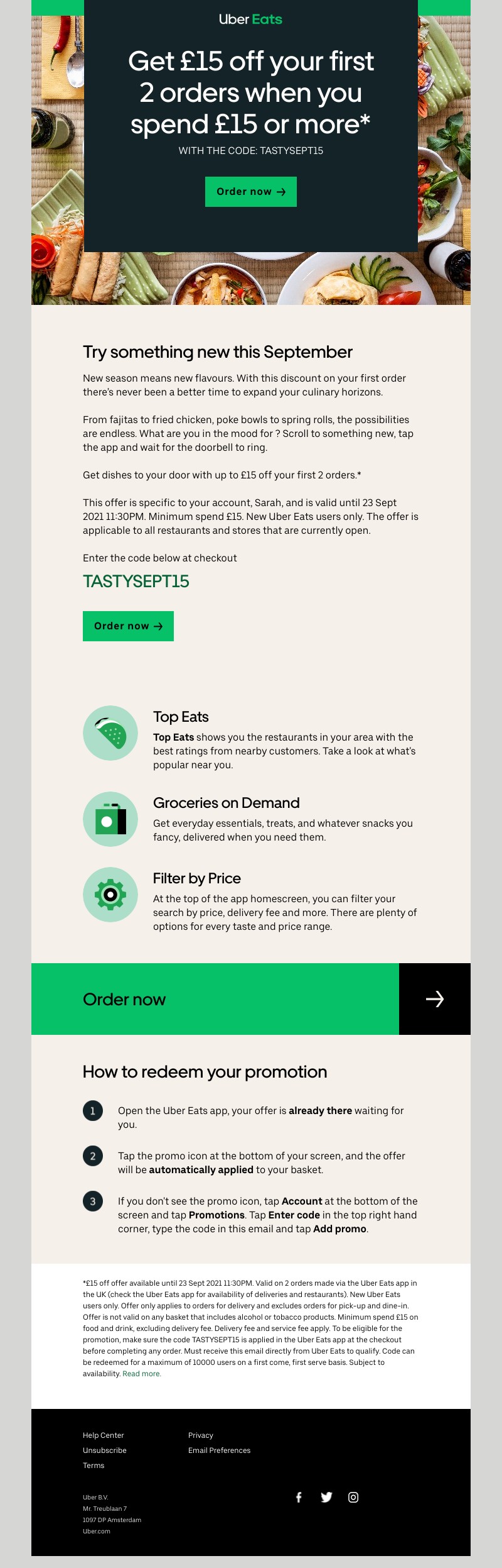 Uber Eats - Get  £15 off  your first 2 orders