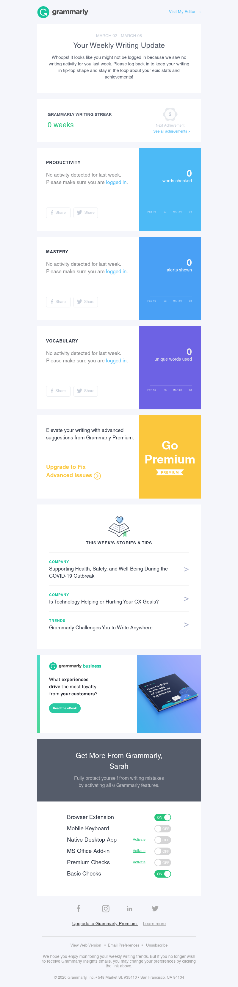 Grammarly - Keep writing to see your super stats.