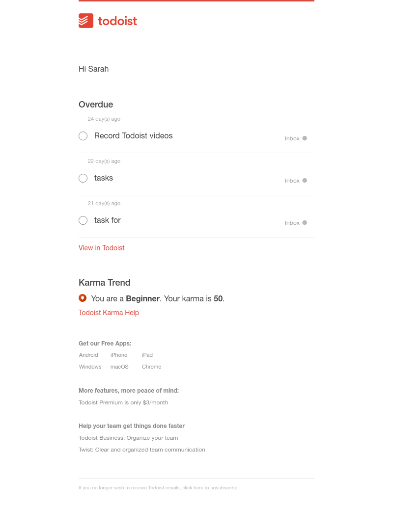 Todoist - [Mar 12] Sarah, you have 3 tasks due today