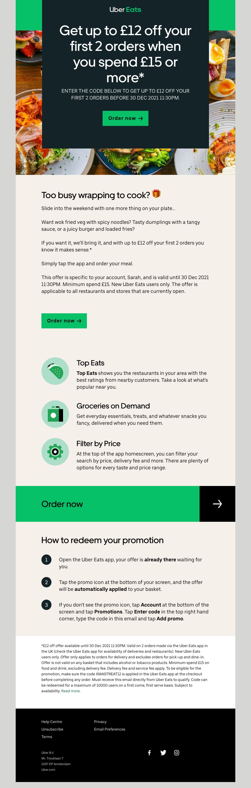 Uber Eats - Get  £12 off  your first 2 orders