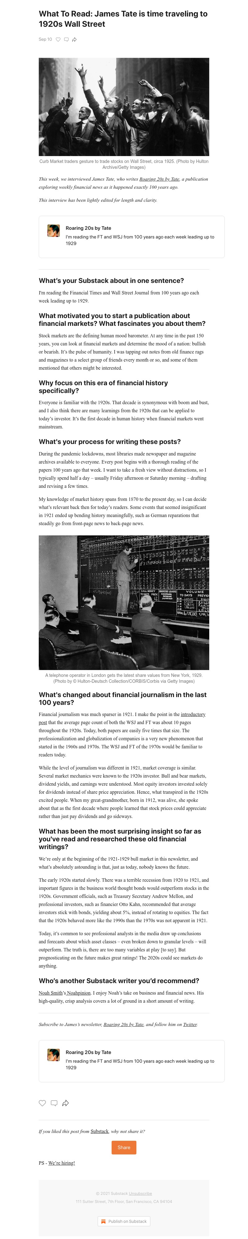 Substack - What To Read: James Tate is time traveling to 1920s Wall Street