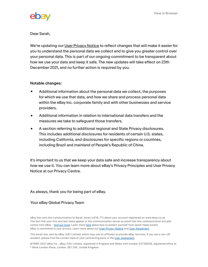 eBay - Updates to User Privacy Notice