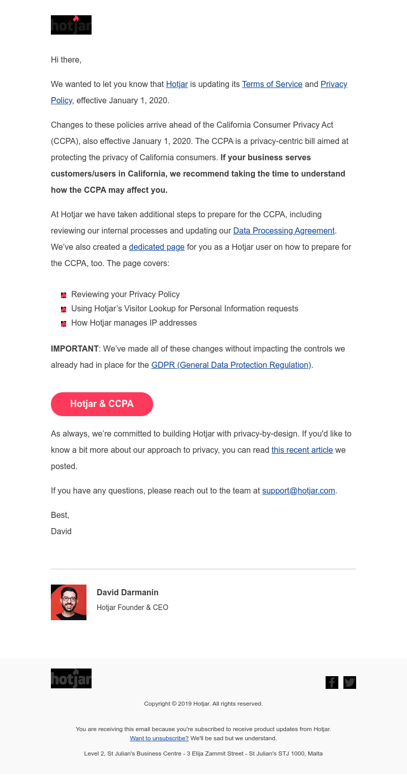 Hotjar - Updated Terms of Service & preparation for CCPA