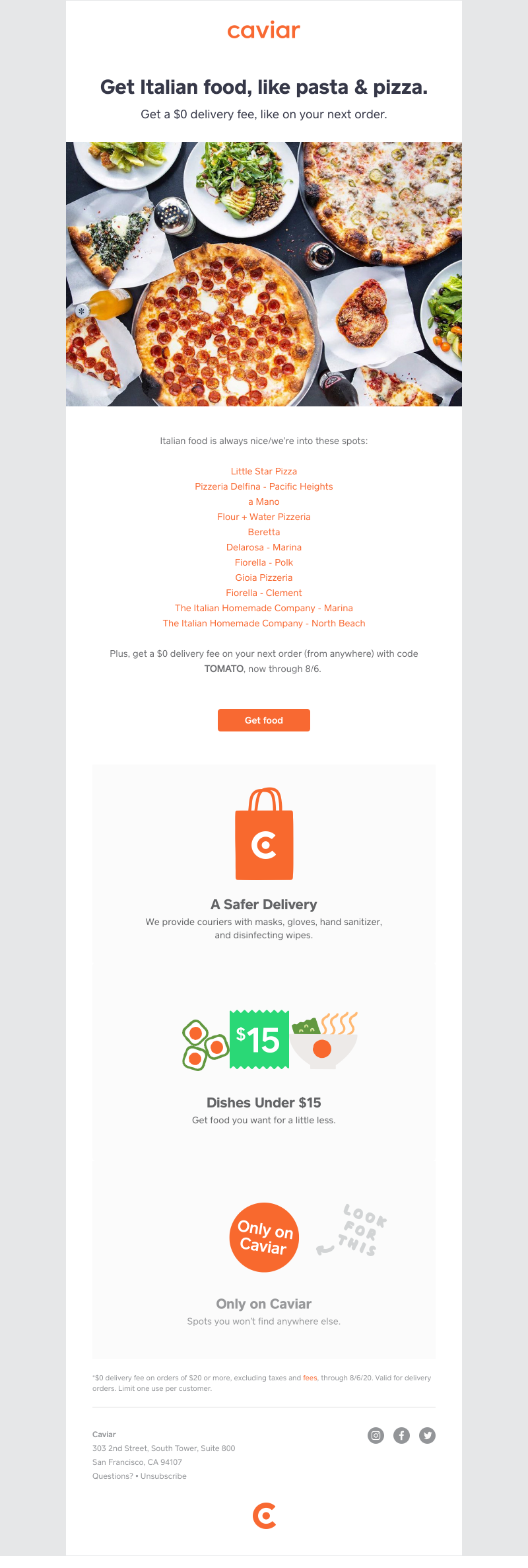  - This email is about Italian spots + a $0 delivery fee.