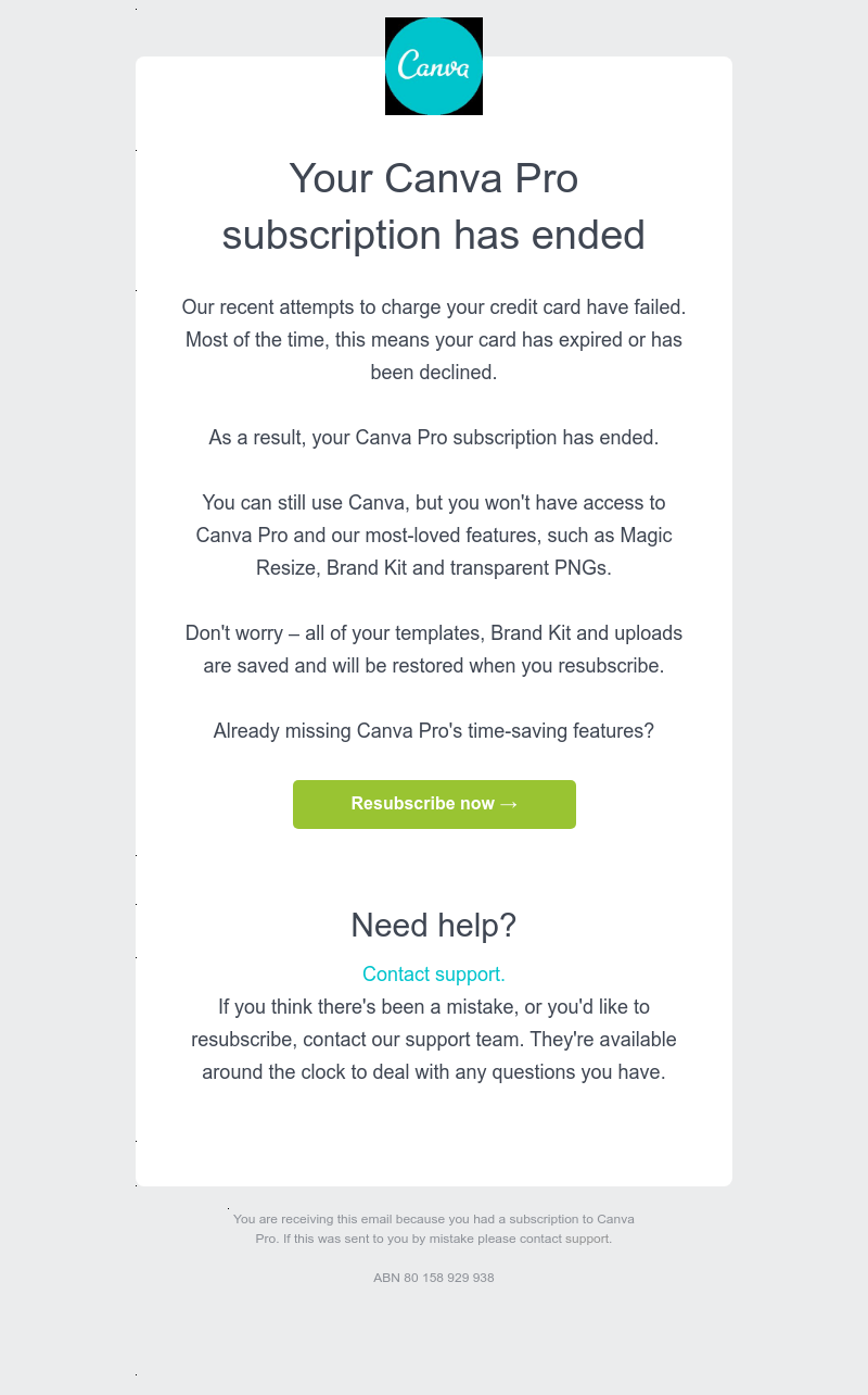 Canva - Your Canva Pro subscription for Sarah's Team has ended
