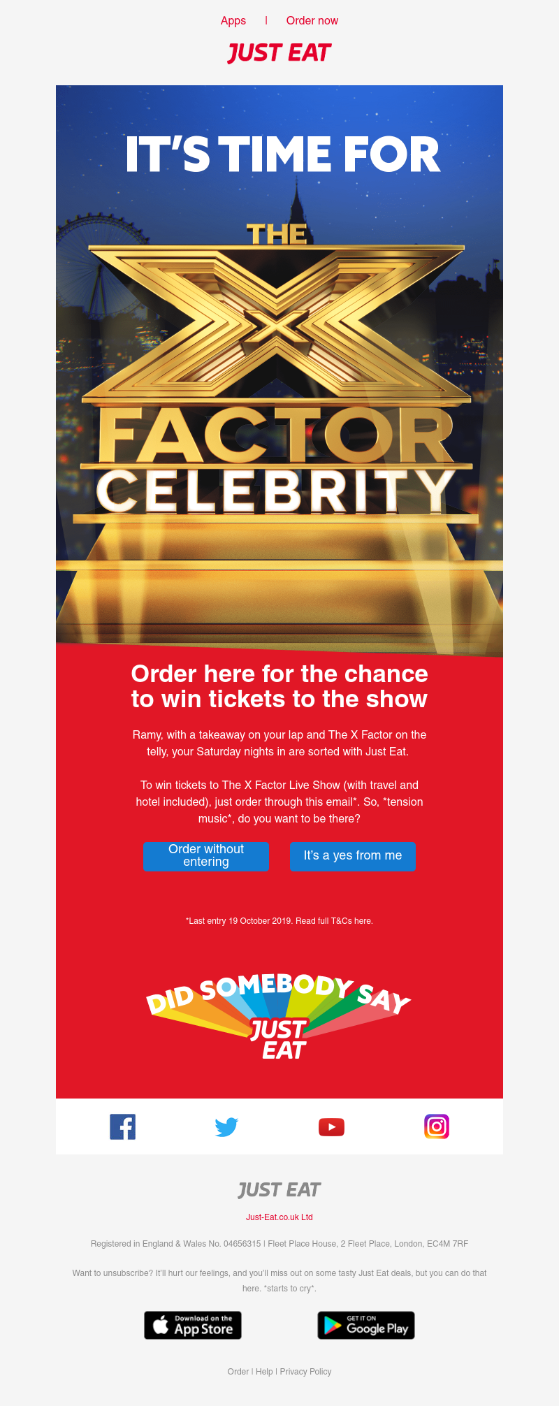 Just Eat - The X Factor is back! Order for a chance to win live show tickets