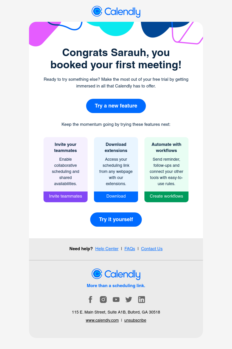 Calendly - Sarauh, you booked your first meeting 🙌
