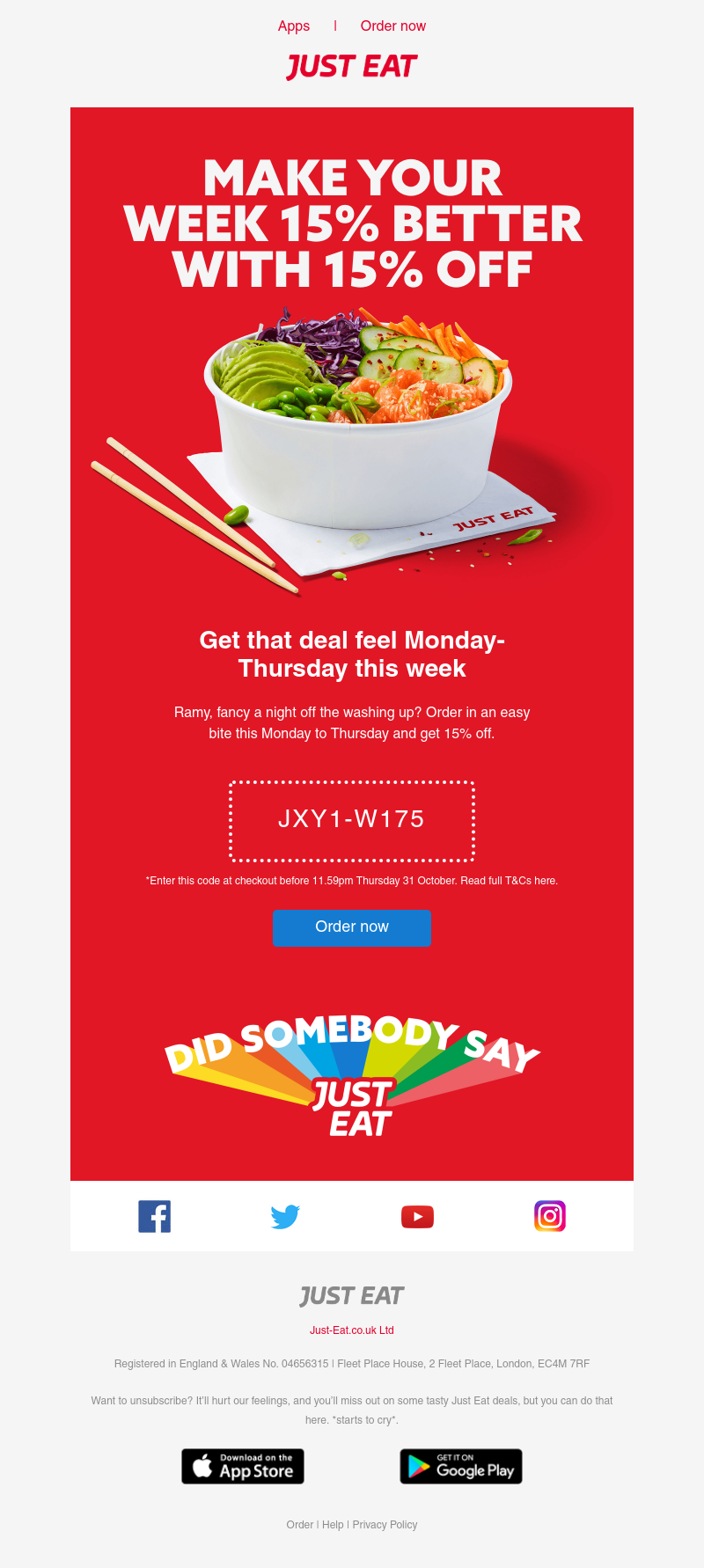 Just Eat - Ramy, skip the washing up and get 15% off your dinner