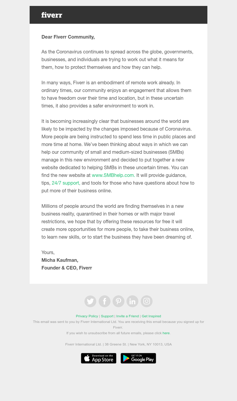 Fiverr - Support for SMBs and freelancers during the spread of Corona