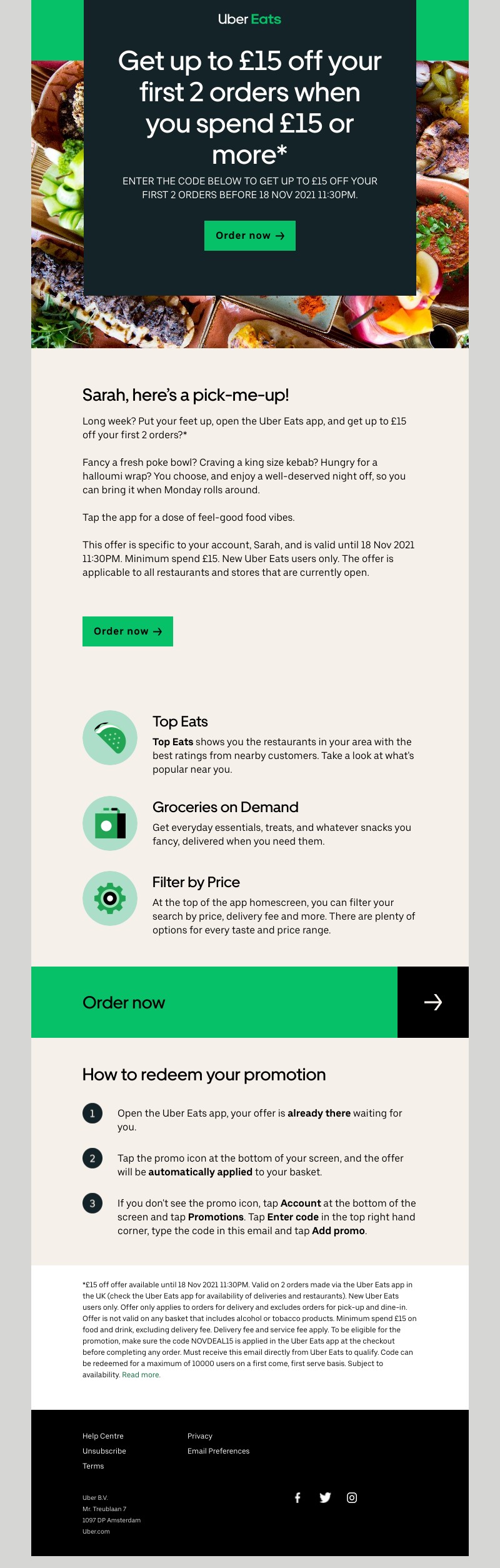 Uber Eats - Get  £15 off  your first 2 orders