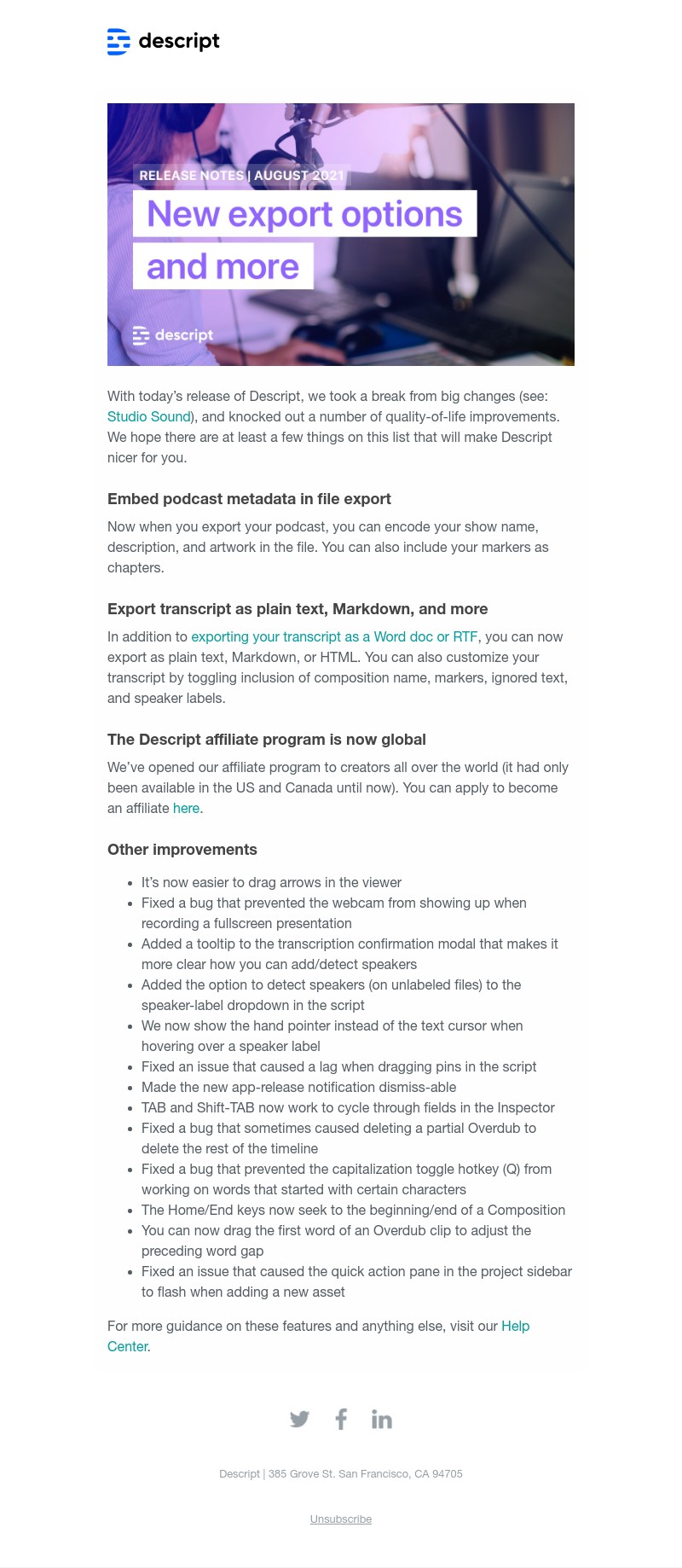 Descript - New in Descript: Podcast metadata export, global affiliate program, and more