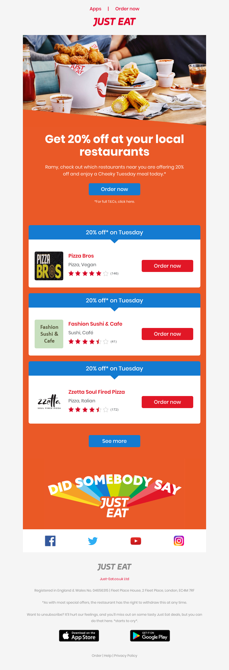 Just Eat - Ramy, your 20% off deals are here