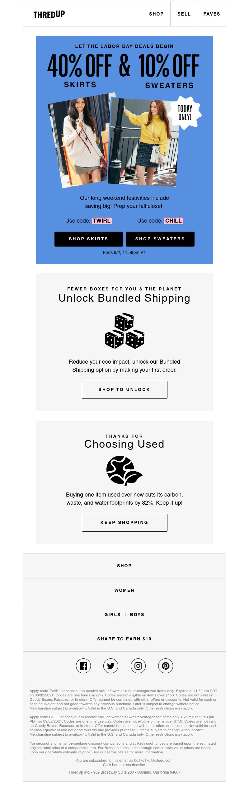 thredUP - Two coupons, one email.