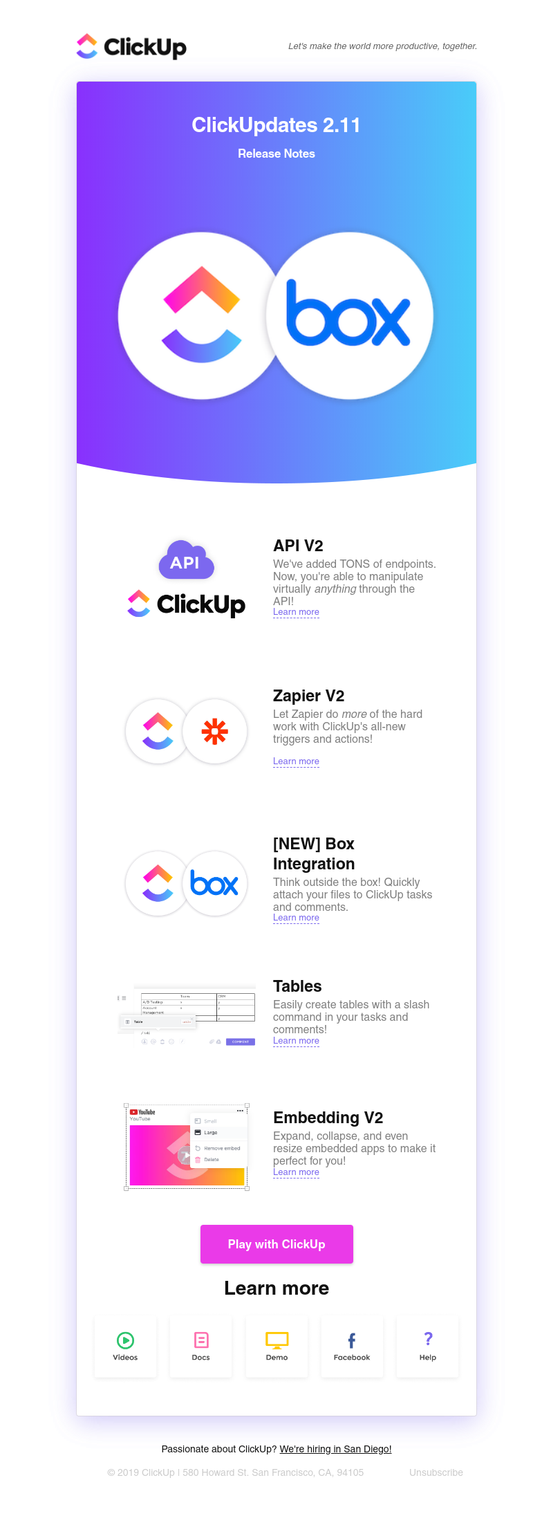ClickUp - ClickUpdates 2.11: Box Integration, Tables, API V2, and Zapier V2!