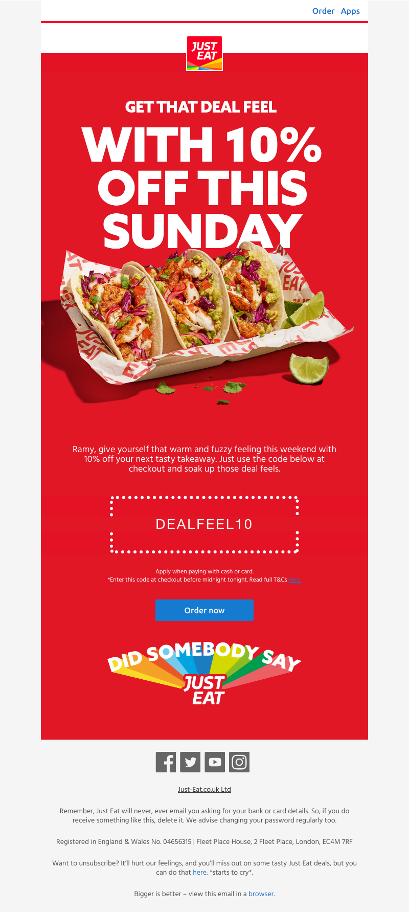 Just Eat - Ramy, grab 10% off this Sunday and get that deal feel