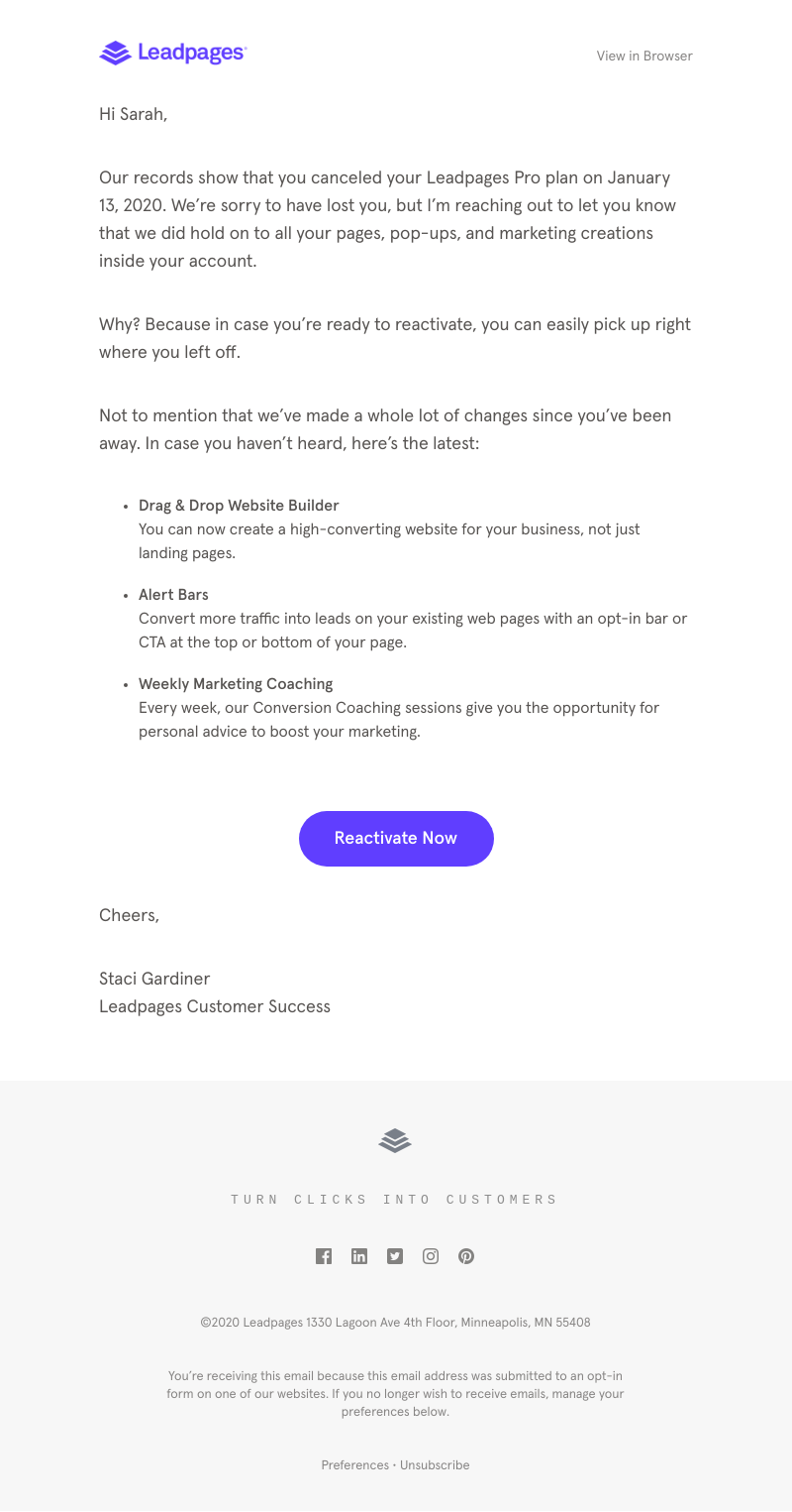 Leadpages - We saved your content. Reactivate your Leadpages account today!