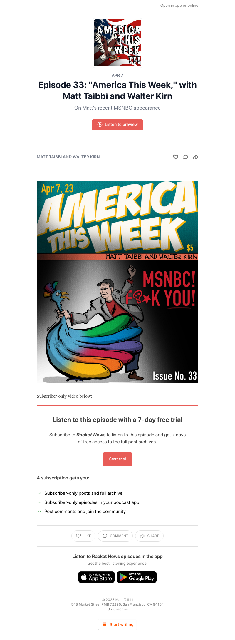 Substack - Episode 33: "America This Week," with Matt Taibbi and Walter Kirn