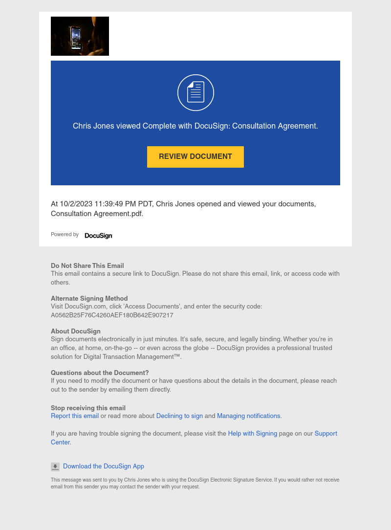  - Chris Jones viewed Complete with DocuSign: Consultation Agreement