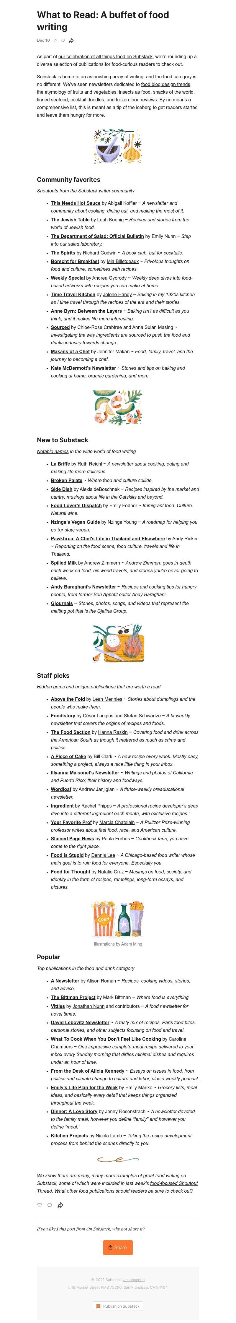 Substack - What to Read: A buffet of food writing