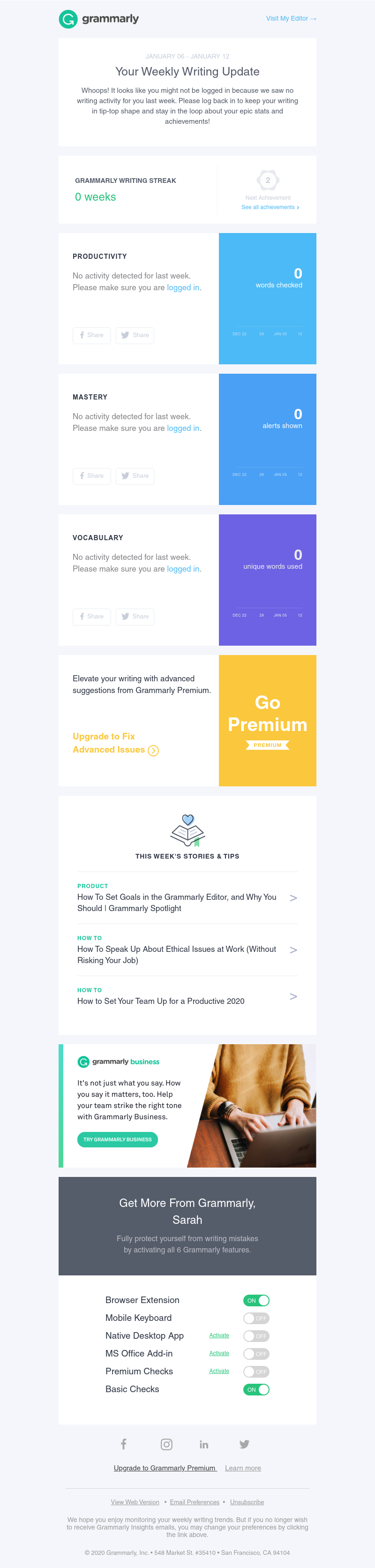 Grammarly - Looks like you didn't have any writing activity last week.