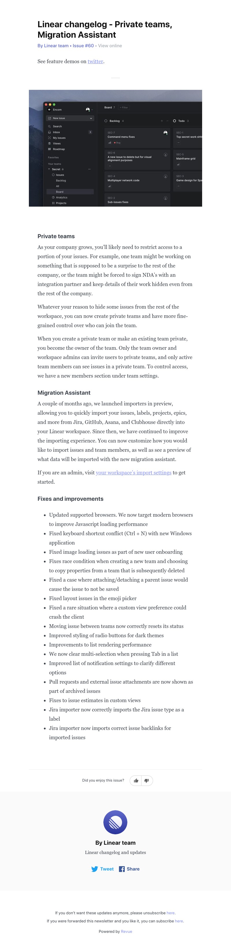 Linear - Linear changelog - Private teams, Migration Assistant