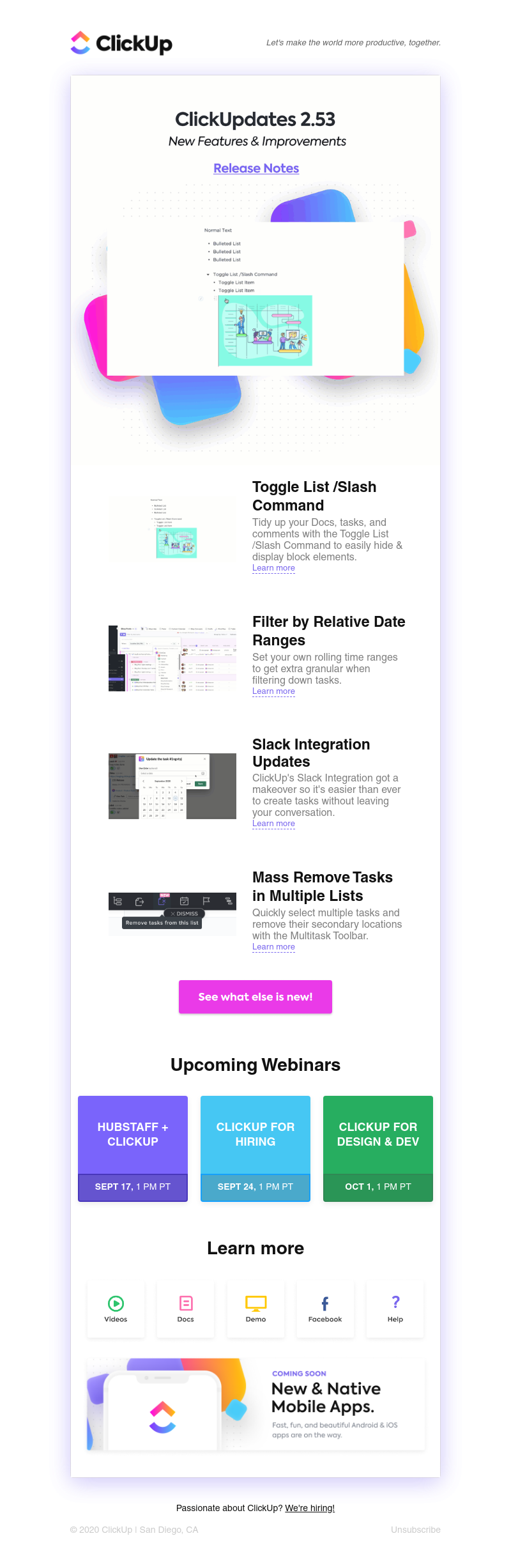 ClickUp - Toggle List /Slash Command 🔍 Improved Filter UI 📆 Filter by Relative Date Ranges 🗨️ Slack Integration Updates ➕ More! 