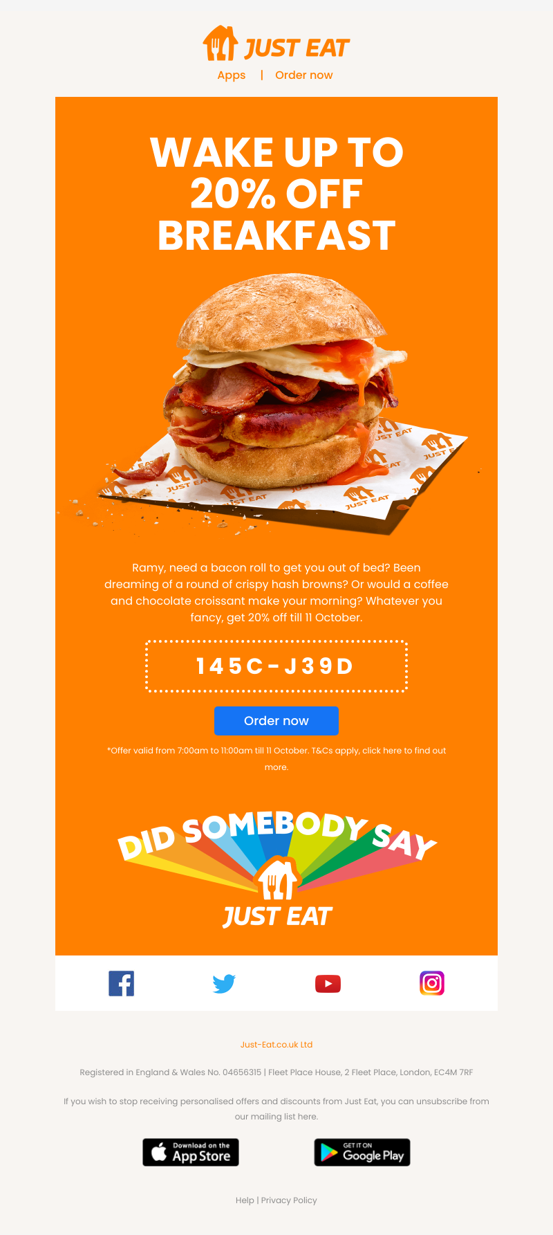 Just Eat - Ramy, enjoy 20% off breakfast😋🥐  