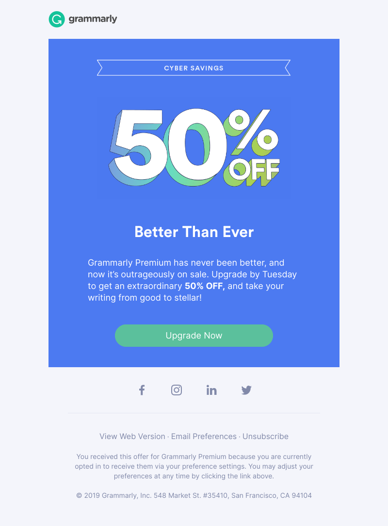 Grammarly - CYBER SAVINGS: 50% OFF all individual plans now through Tuesday!