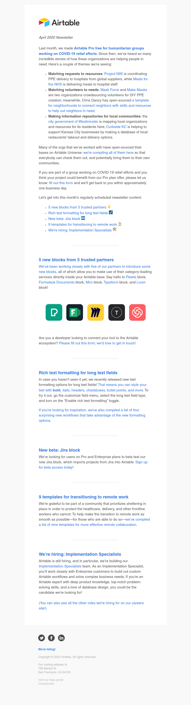 Airtable - COVID-19 relief, 5 more new blocks, and rich text formatting